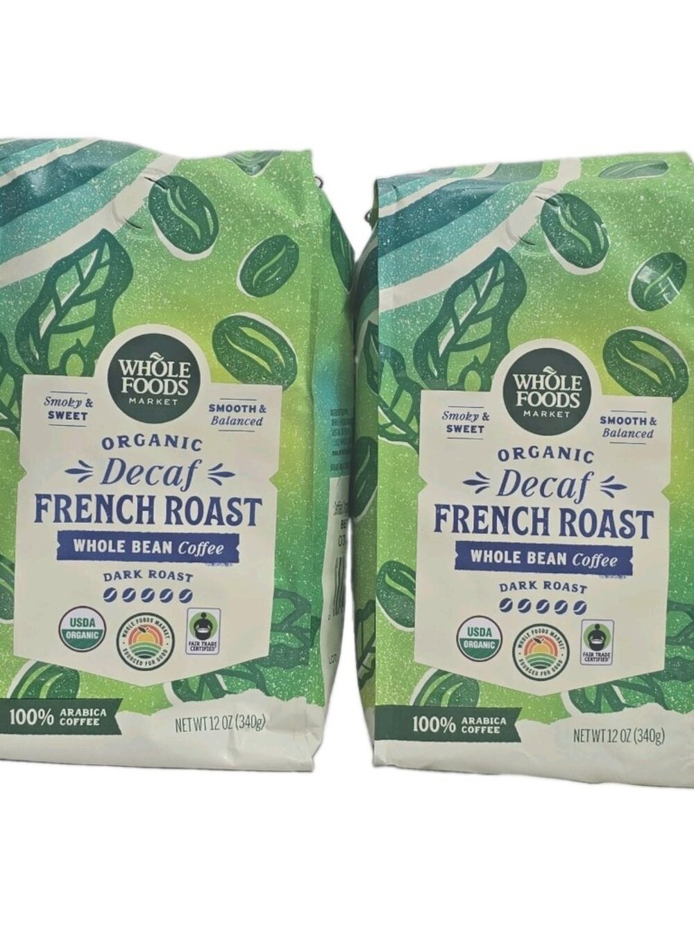 Whole Foods Market Organic Decaf French Roast Dark Coffee Whole Bean 2-PACK 12Oz